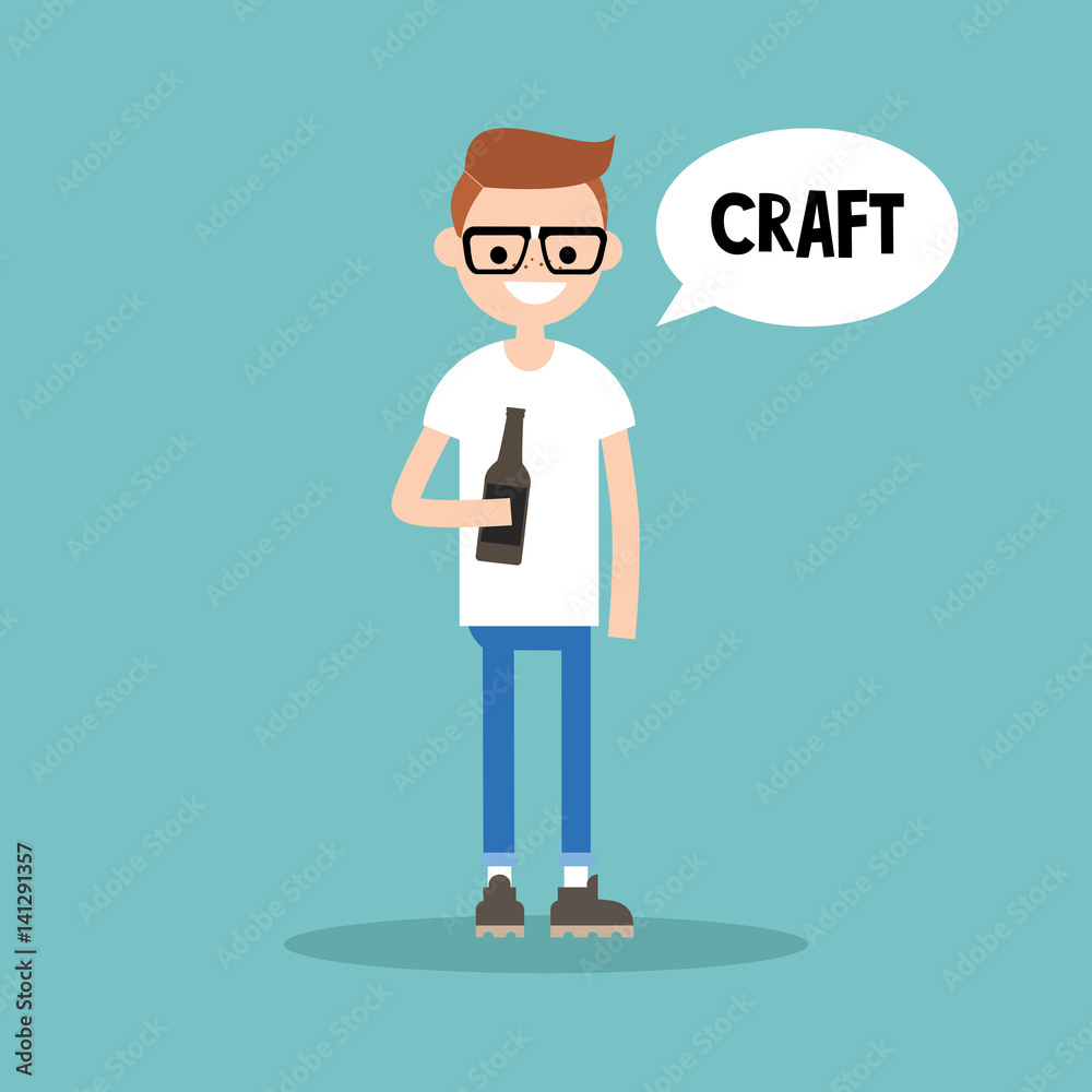 Young nerd holding a bottle of craft beer / editable flat illustration, clip art