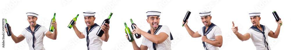 Sailor isolated with wine bottle