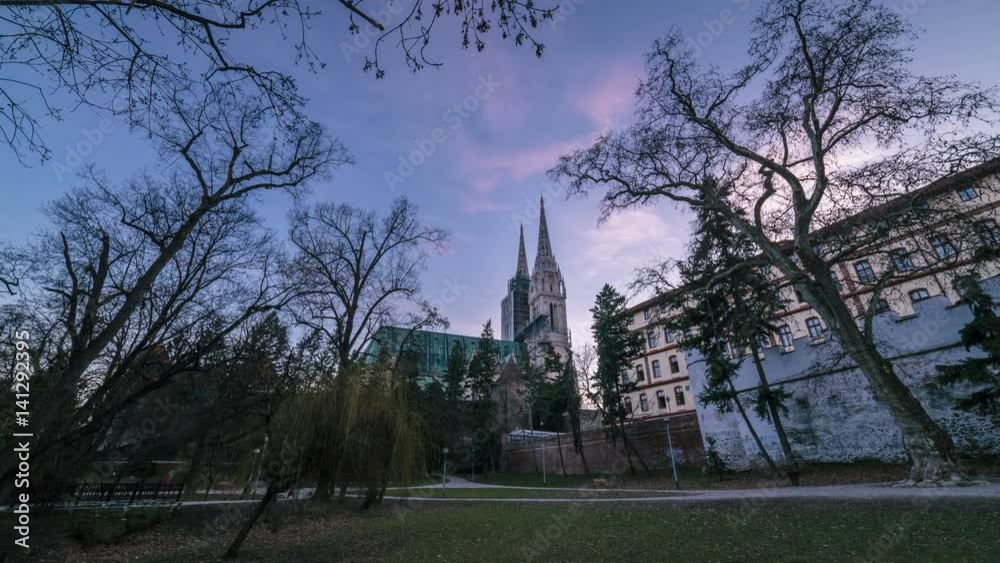 Timelapse of night falling on the Cathedral in Zagreb from Ribnjak Park Timelapse of night falling on the Cathedral in Zagreb from Ribnjak Park