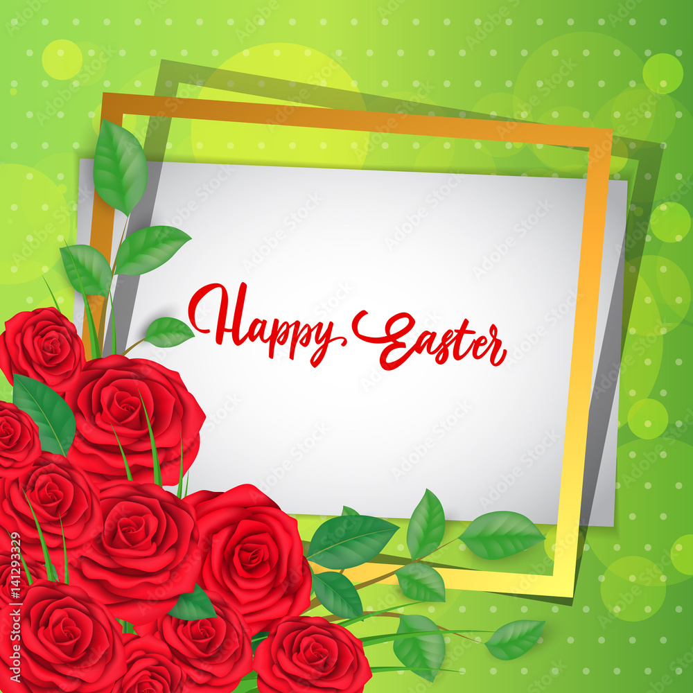 Happy Easter lettering, frame and roses