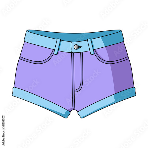 Short purple women's shorts with a blue rubber band. Shorts for sports in the summer on the street.Women clothing single icon in cartoon style vector symbol stock illustration.