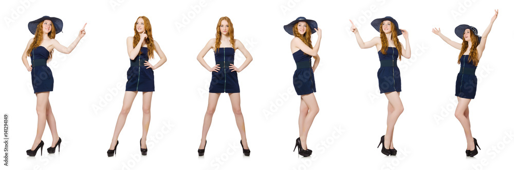 Fototapeta premium Woman pressing virtual button isolated on white