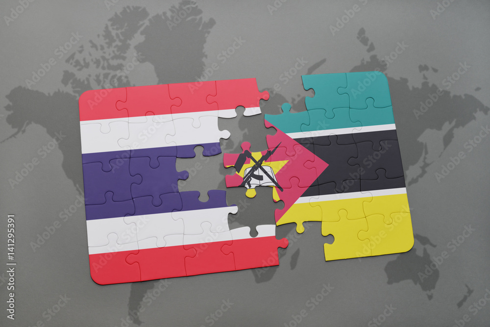 puzzle with the national flag of thailand and mozambique on a world map