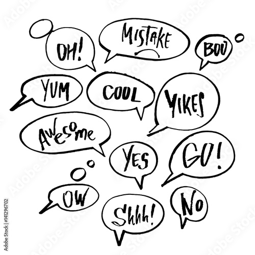 Handwritten exclamation and words inside hand drawn callout clouds. Lettering. Vector illustration with drawn words.