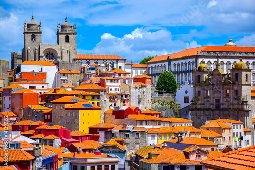 View over the old town of Porto, Portugal with the cathedral, the church of St. Lawrence and colorful buildings