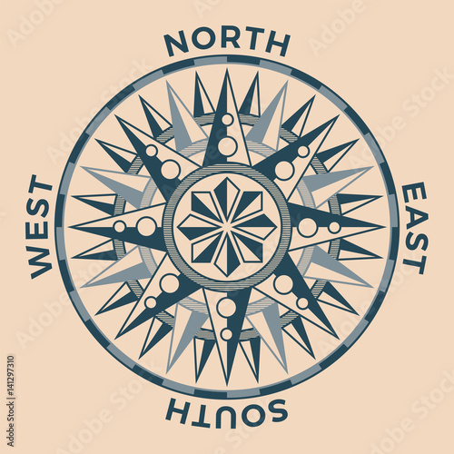 Vintage old antique wind rose nautical compass sign label emblem element.