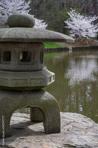 Obraz na płótnie Japanese garden scene with cherry blossoms and stone sculpture. Sarah P. Duke botanical gardens. w salonie