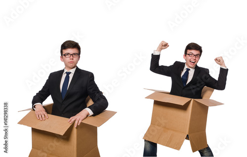 Funny man with boxes isolated on white