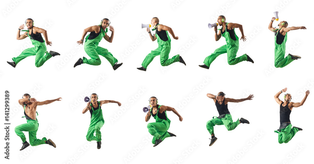 Construction worker jumping and dancing Construction worker jumping and dancing