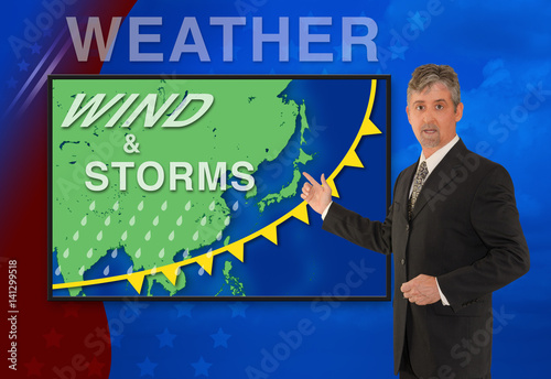 Картината върху платно A tv television news weather man meteorologist anchorman is reporting with a Wind & Storm graphic over a map of Asia on the monitor screen