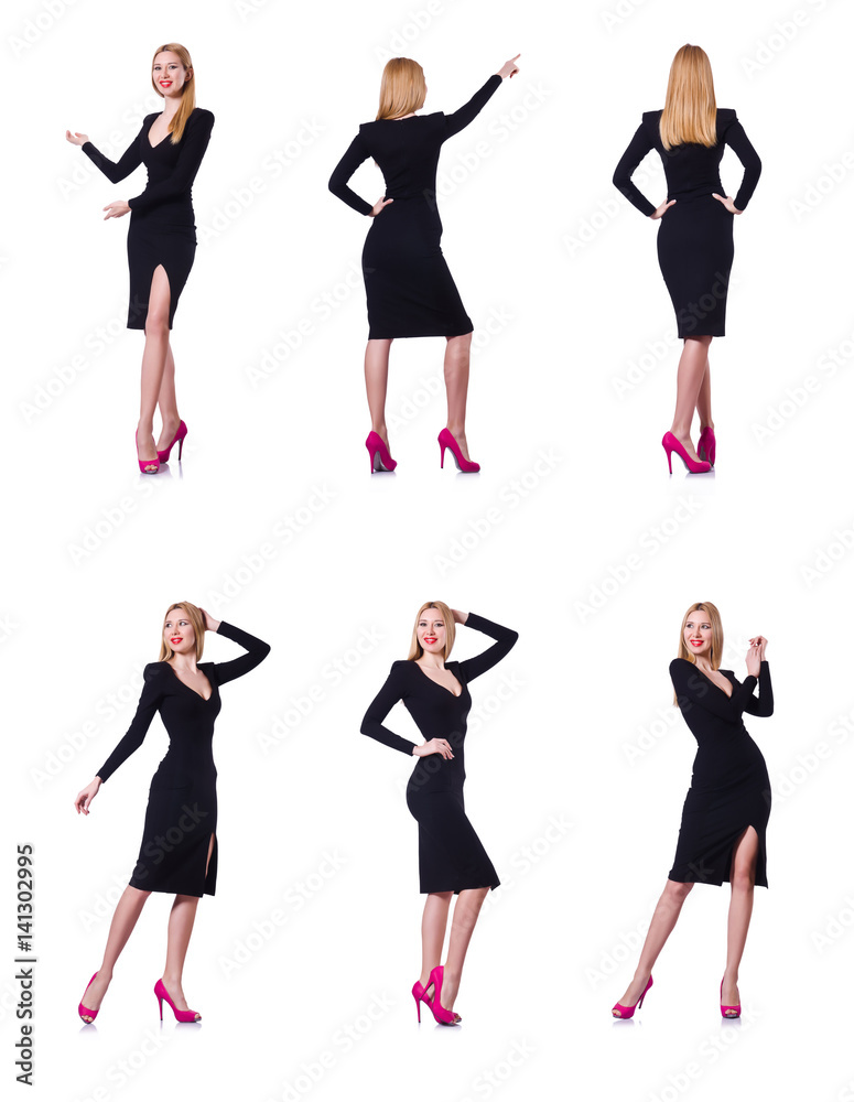 Fototapeta premium Young blonde girl in black dress showing isolated on white