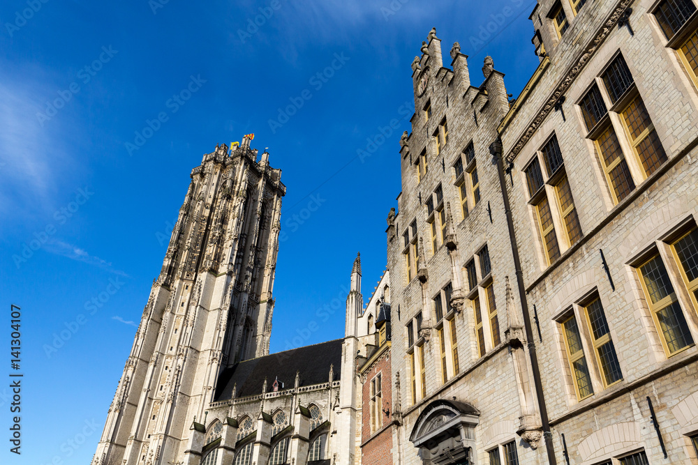 St. Rumbold's Cathedral in Mechelen, Belgium on a clear winter day.