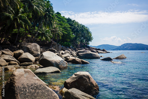 The rocks lying on the coast. The huge stones and palms on the seashore. Horizontal outdoors shot. © mavhome