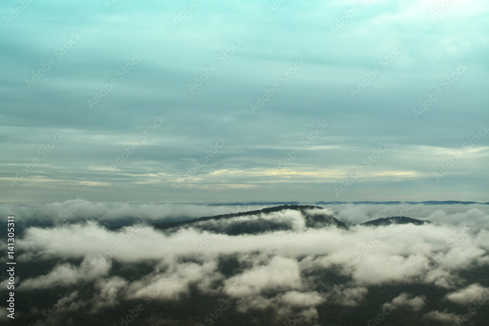 mountain landscape,morning mist with blue sky background