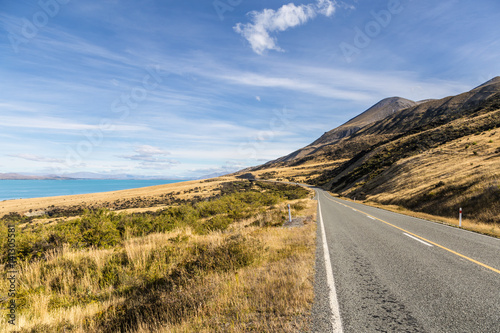 Road along lake Pukaki off Mt Cook in New Zealand