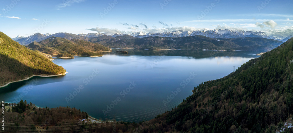 Picturesque Kochelsee lake in Alps