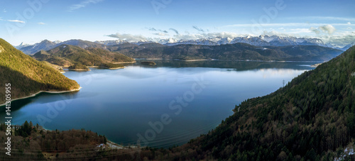 Picturesque Kochelsee lake in Alps