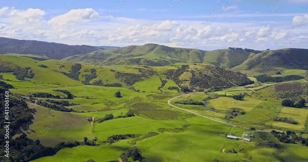 Aerial view of Green hills and valleys of the South Island, New Zealand