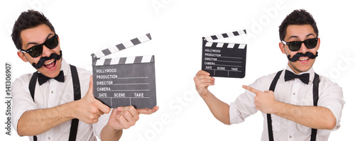 Funny with movie clapper isolated on white