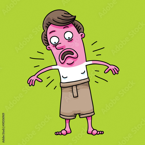 A cartoon man who is shocked to see that he has a pink sunburn and pale white skin where he was wearing his shirt.