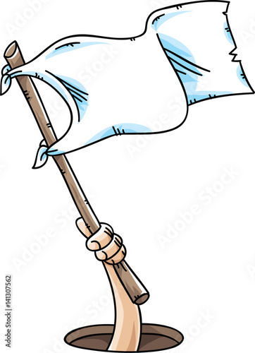 A cartoon hand holding up a white flag of surrender from a hole.