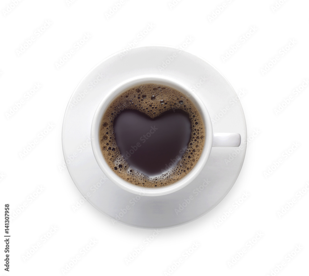 black coffee cup with heart shape isolate with clip path.