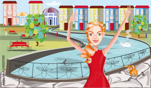 vector illustration with a cute girl in the old city centre 