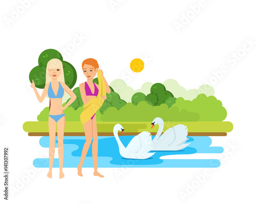 Young, beautiful, tanned girls rest and bathe on the lake.