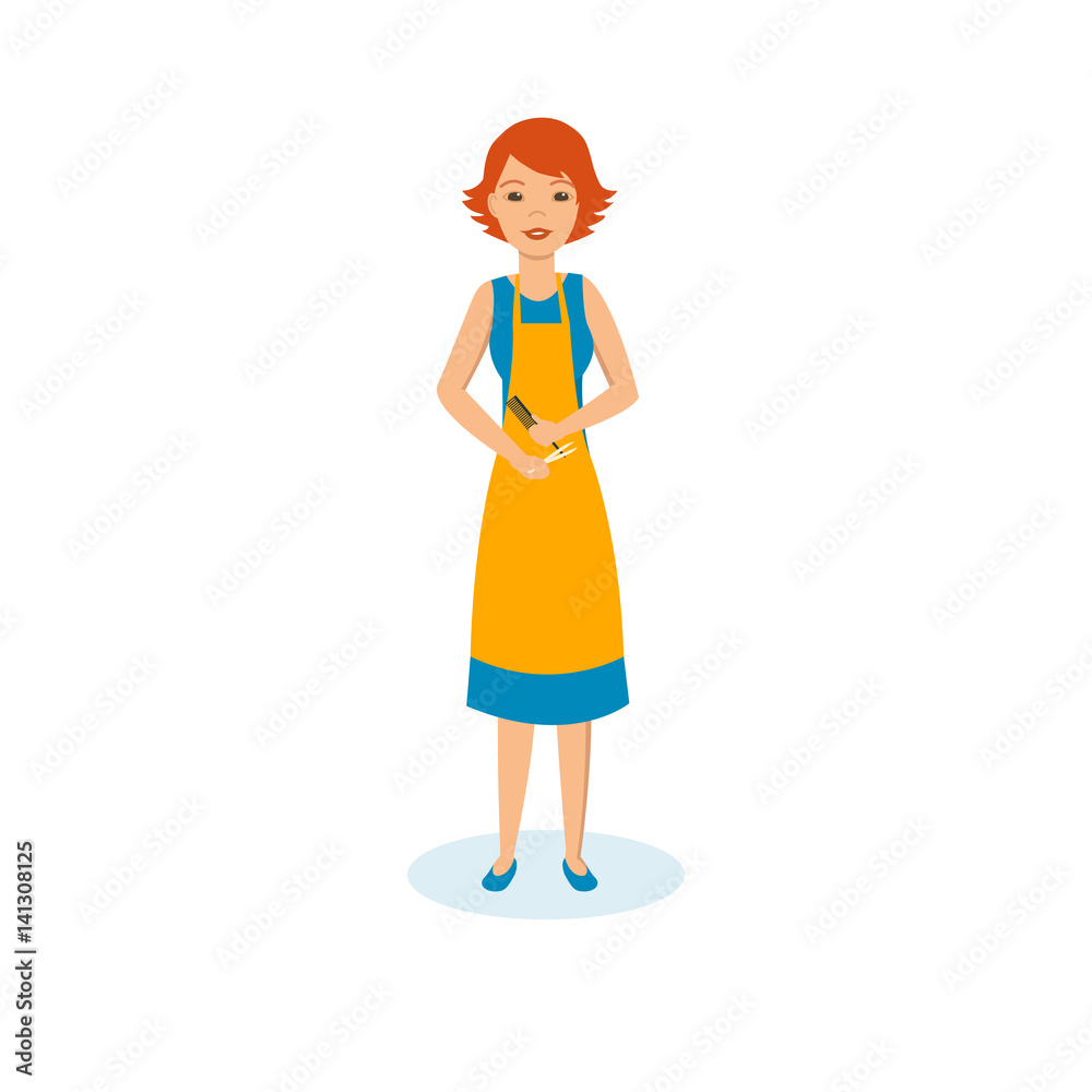 Girl hairdresser in apron, with scissors and comb in hands. Girl hairdresser in apron, with scissors and comb in hands.