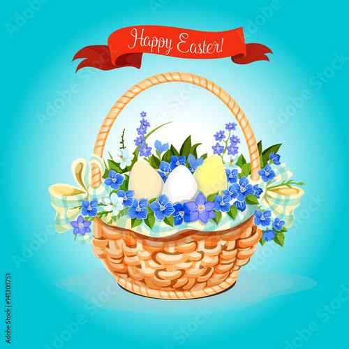 Easter eggs and flowers bunch basket vector poster