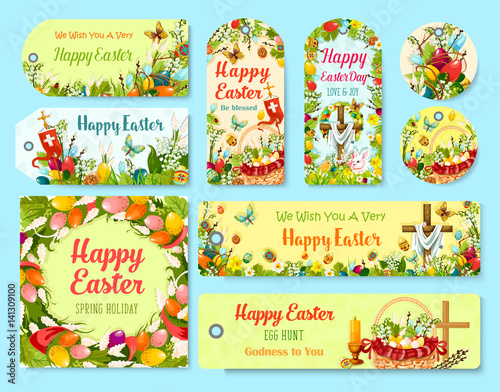 Easter holiday symbols tag and greeting poster set