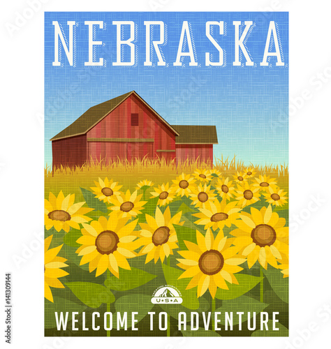 Nebraska travel poster or sticker. Vector illustration of sunflowers in front of old red barn.
Rural landscape.