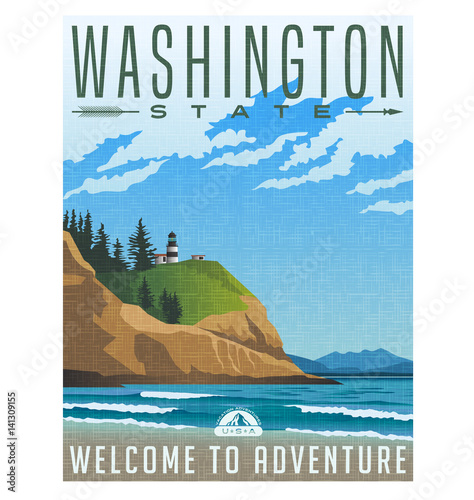 Washington State travel poster or sticker. 
Vector illustration of rugged shoreline and lighthouse. Cape Disappointment State Park.