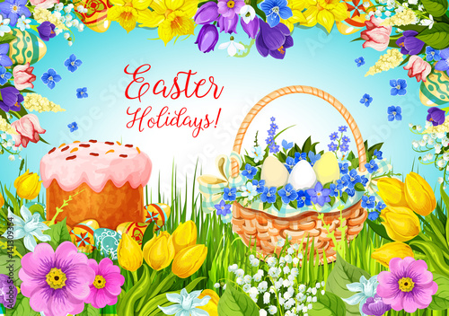 Easter paschal cake, eggs, flowers vector greeting