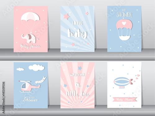 Set of baby shower invitation cards,birthday cards,poster,template,greeting cards,cute,plane,Vector illustrations