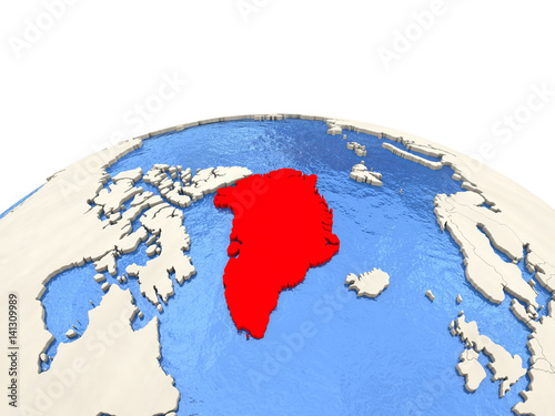 Greenland on globe with watery seas