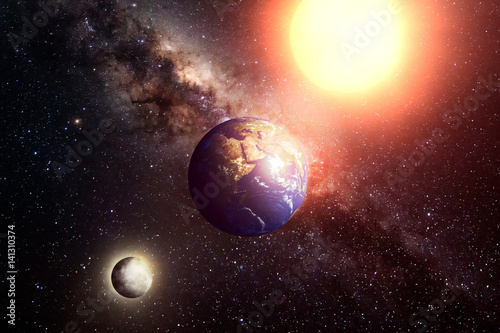 Fototapeta Naklejka Na Ścianę i Meble -  View of planet earth, moon and sun.  Background of cosmos with milkyway and shining star. Elements of this image are furnished by NASA