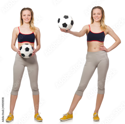 Woman football player on white