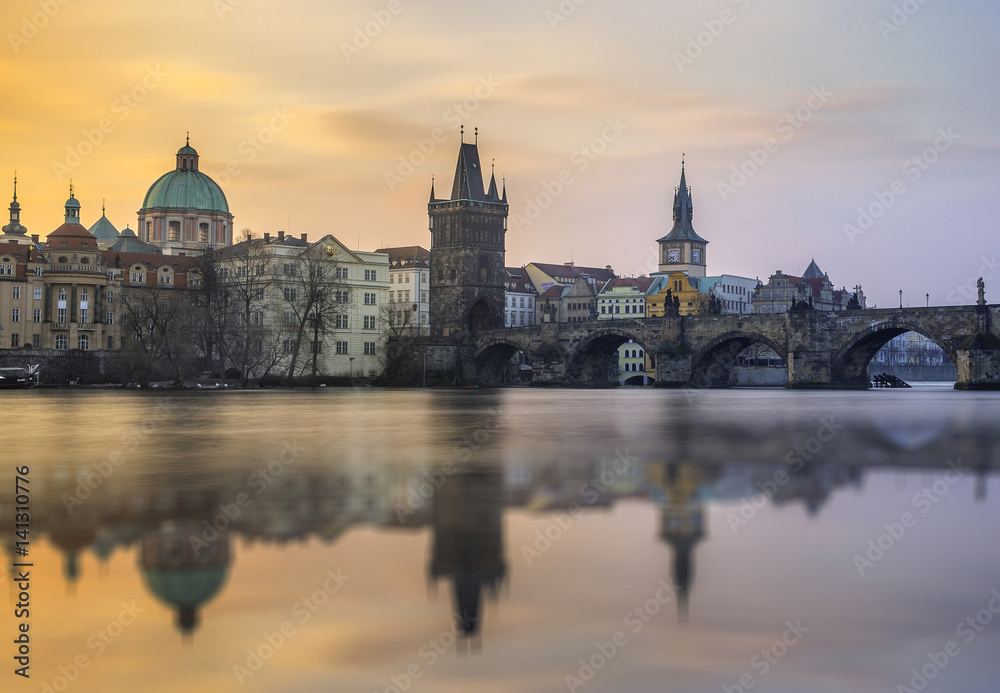 Vltava river in Prague old town at sunrise