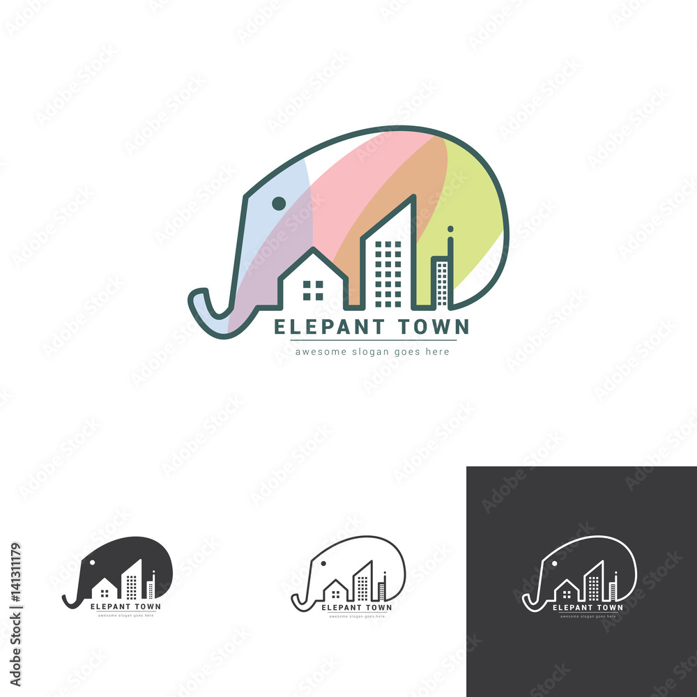 Elepant negative space logo with town city