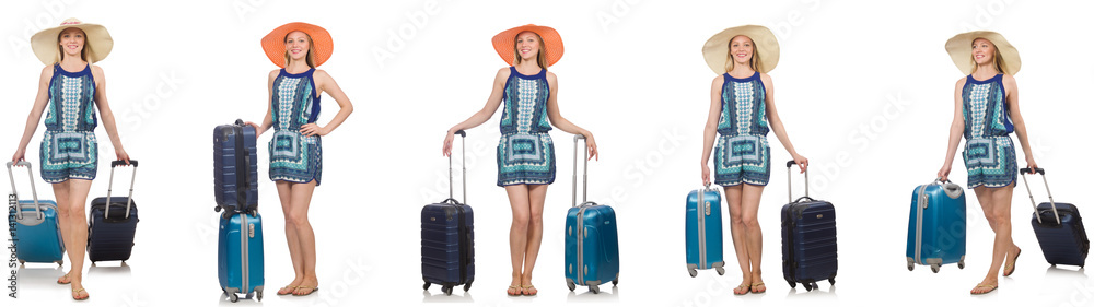 Collage of woman preparing for summer vacation isolated on white Collage of woman preparing for summer vacation isolated on white