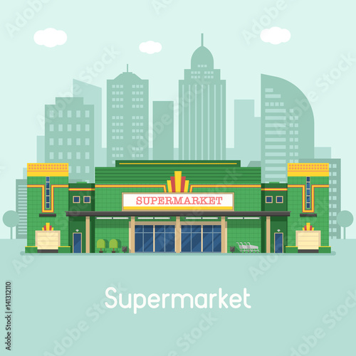 Supermarket building concept vector illustration. Large food store facade on modern city background. Super market or grocery store exterior in flat design. photo