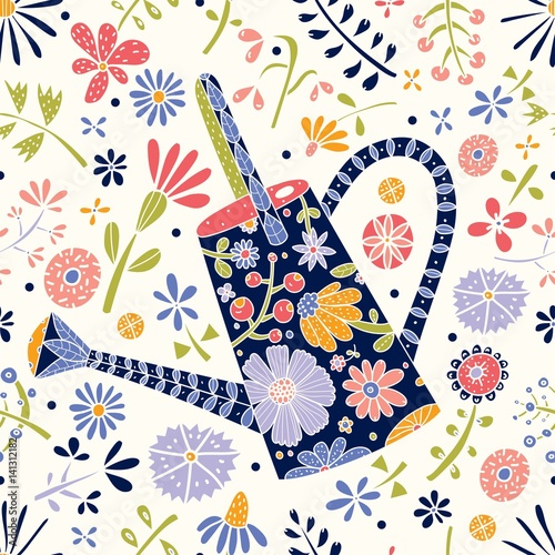 Watering can and flowers. Seamless pattern.
