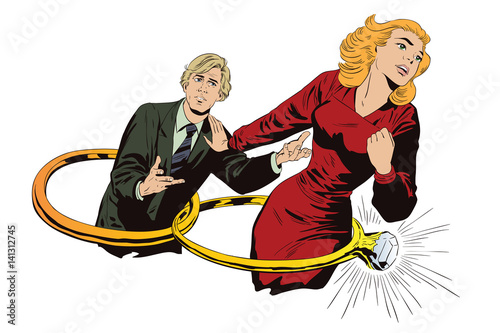 Girl refuses to marry guy. Stock illustration. People in retro style.