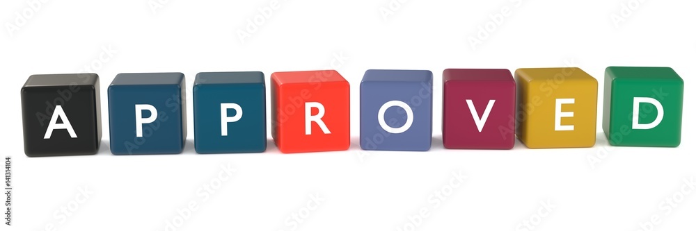 3d illustration of approved word or icon from colored cubes 3d illustration of approved word or icon from colored cubes