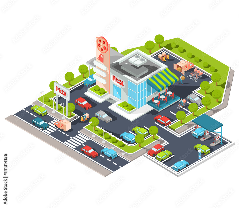 Vector isometric illustration of a modern Italian fast food restaurant with parking and gas station. Isometric pizzeria with a giant pizza sign, Italian cuisine Vector isometric illustration of a modern Italian fast food restaurant with parking and gas station. Isometric pizzeria with a giant pizza sign, Italian cuisine