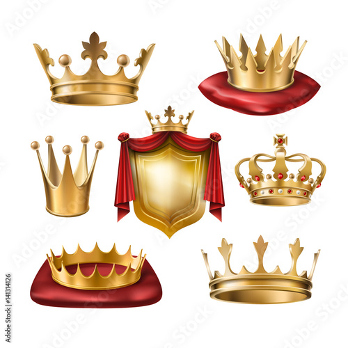 Set of vector icons of royal golden crowns and coat of arms isolated on white. Collection of crown awards for winners of competitions, design elements for a label, certificate, diploma