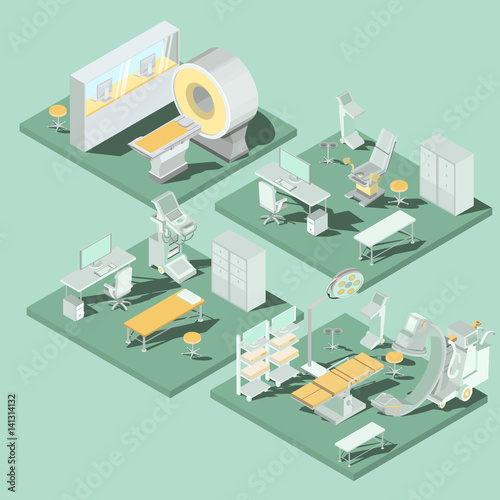 Set of 3D flat isometric illustrations interior of medical premises in the clinic MRI room, ultrasound room, gynecological office, operating room with the appropriate equipment