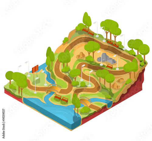 Vector 3D isometric illustration of cross section of a landscape park with a river flowing there, bridges, benches and lanterns. Soil in the section for the study of geological layers.
