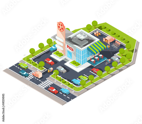 Vector isometric illustration of a modern Italian fast food restaurant with parking. Isometric pizzeria with a giant pizza sign, Italian cuisine